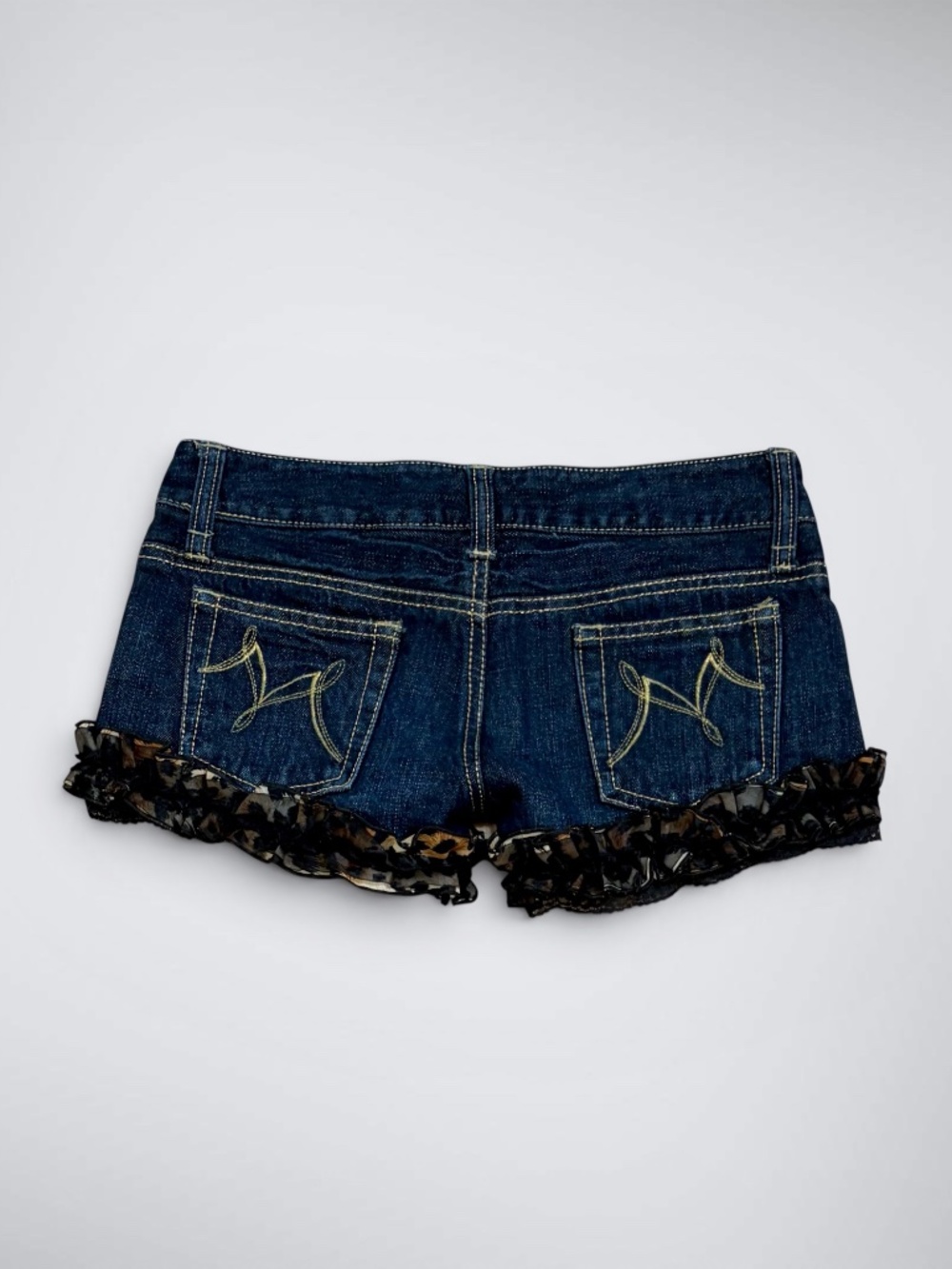 Vintage Y2K MA*RS Sugar Gloss Ultra Low Rise Leopard & Lace Ruffle Denim Shorts